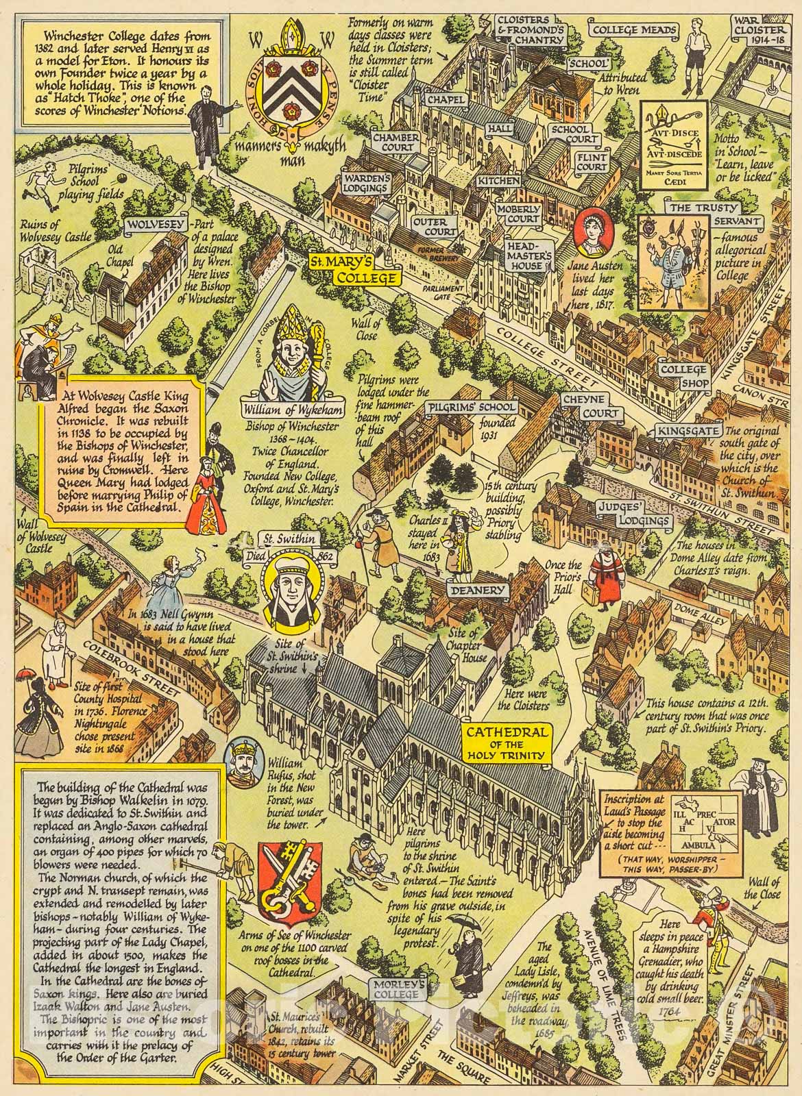 Historic Map : A prospect of the Cathedral and College of Winchester taken from the North-west, 1948, Vintage Wall Decor