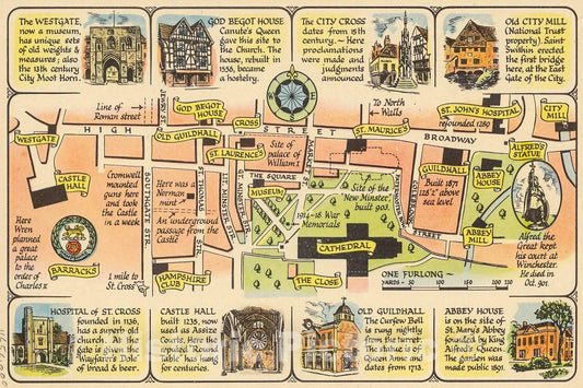 Historic Map : Winchester Cathedral and College, 1948, Vintage Wall Decor