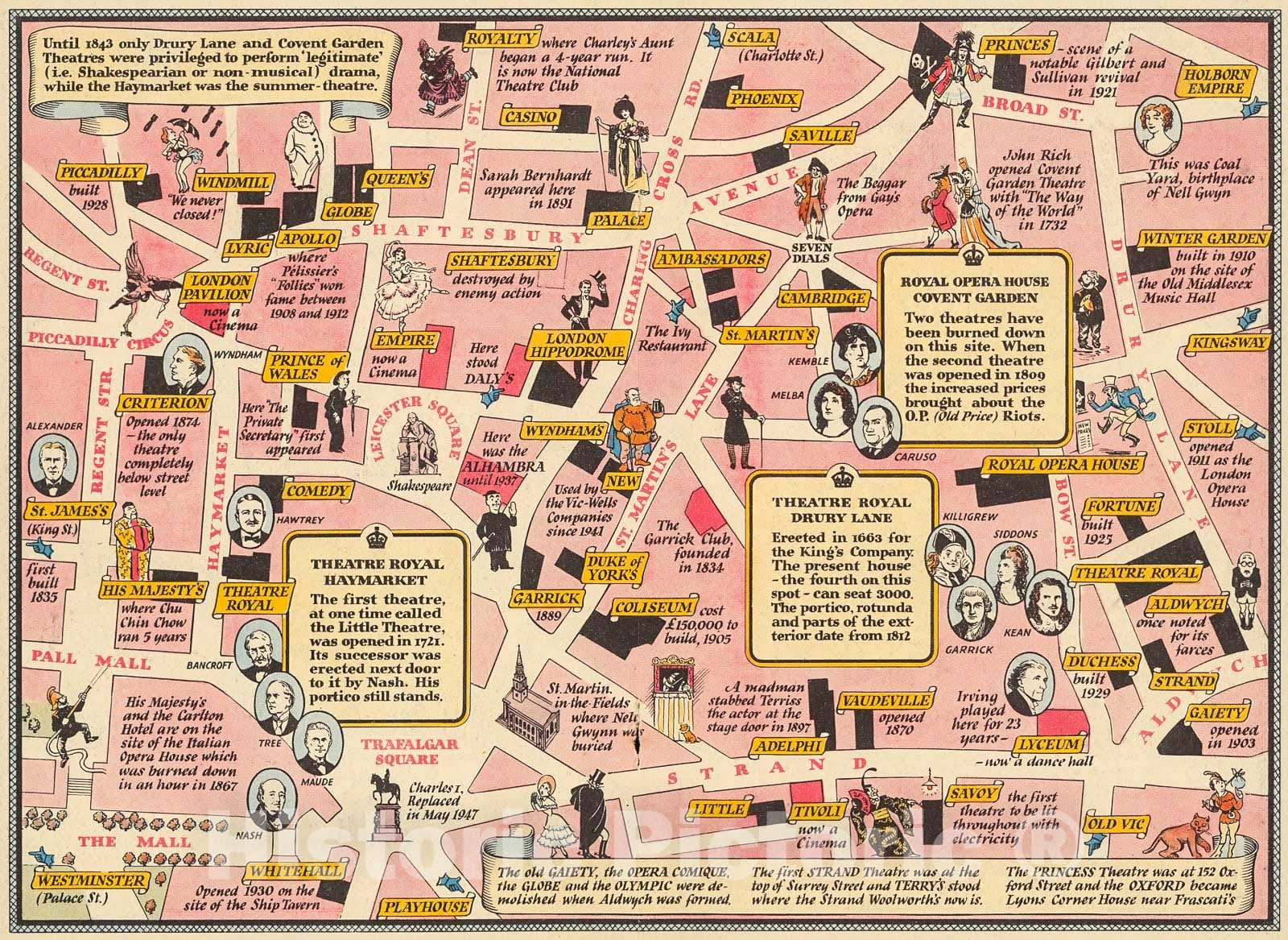 Historic Map : Mr. Rich In the Character of Harlequin Introducing A map of The London Theatres, 1948, Vintage Wall Decor