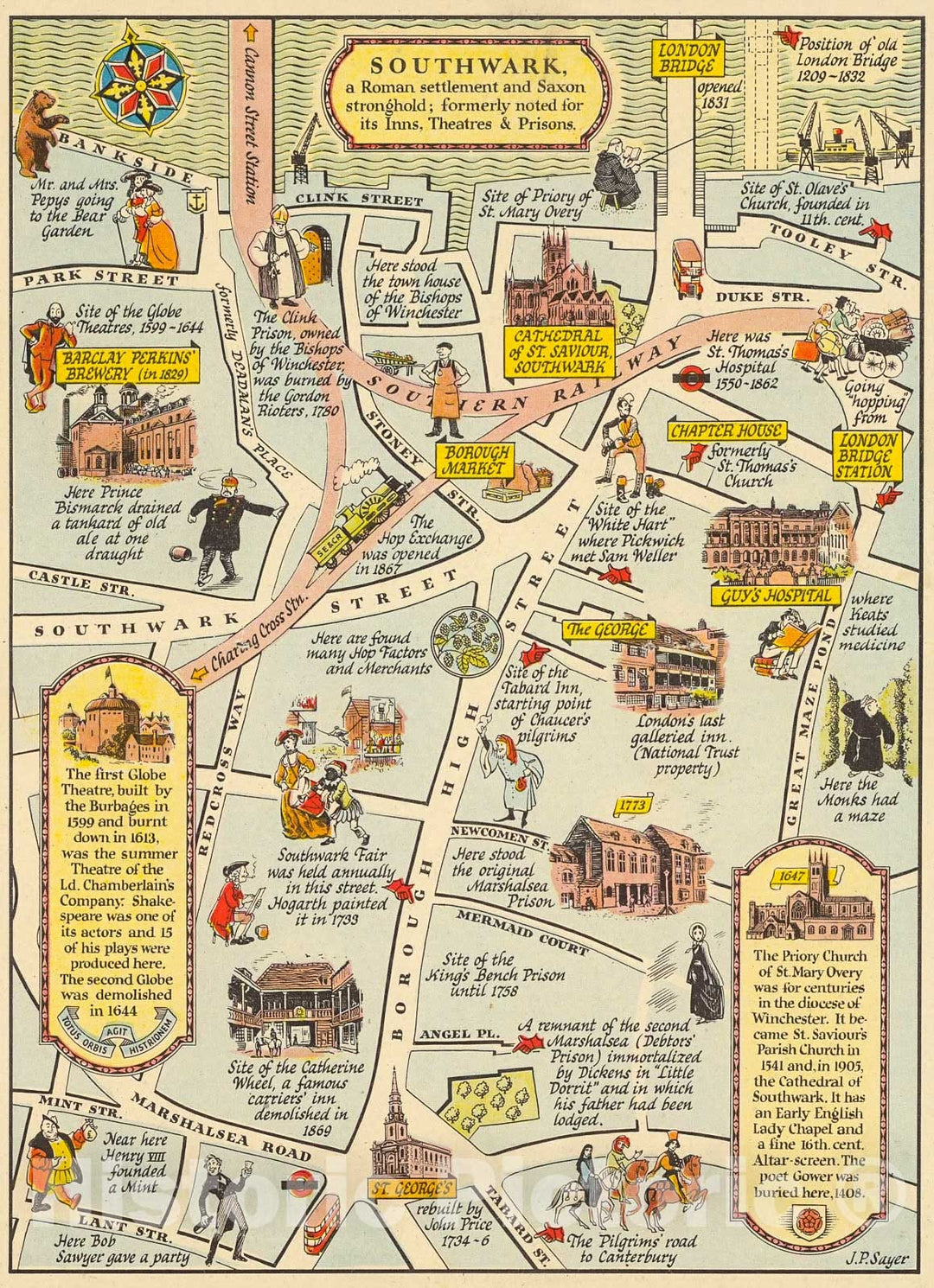 Historic Map : Southwark, A roman settlement and Saxon stronghold, 1948, Vintage Wall Decor