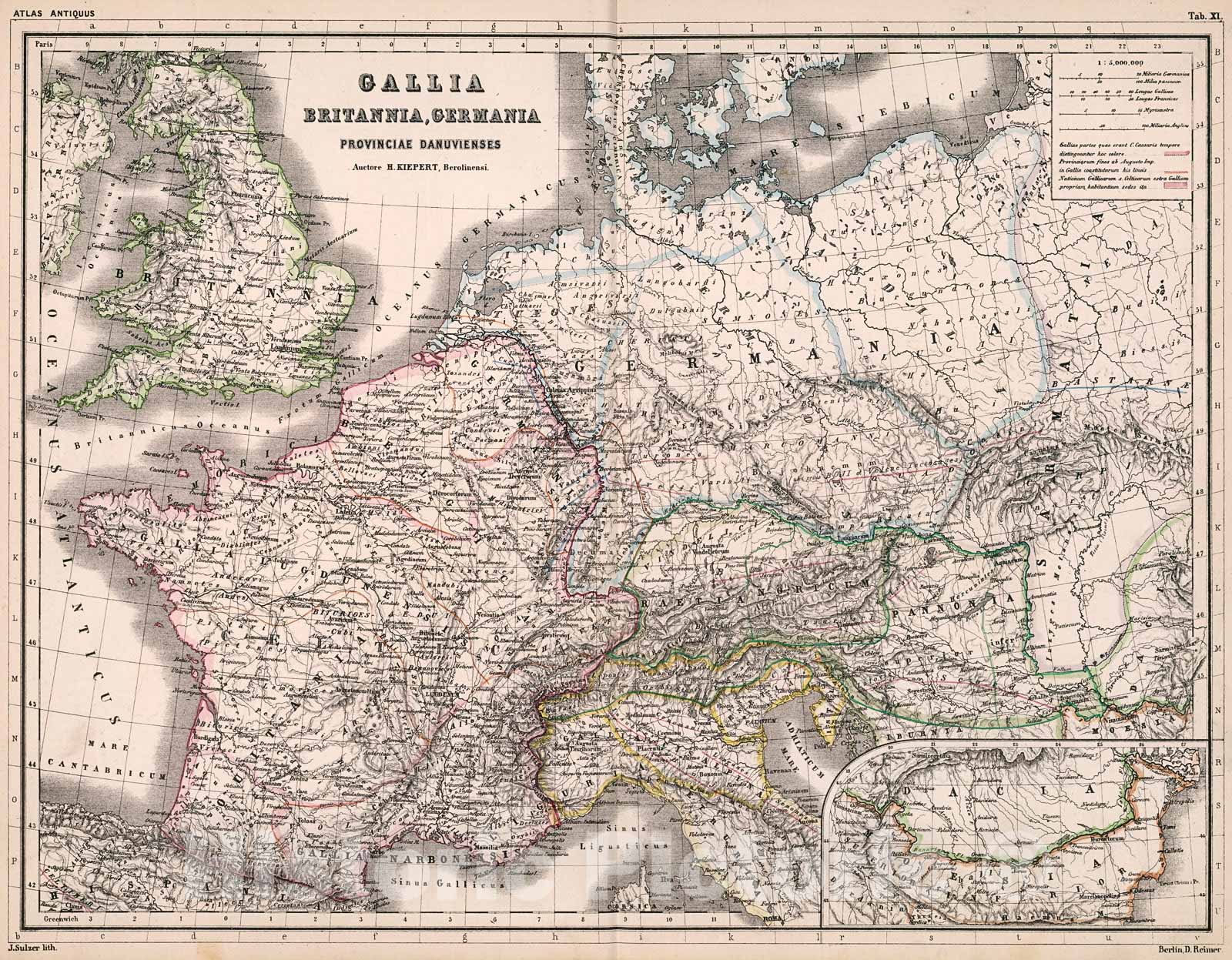 Historic Map : Tab.XI. Gallia, Britannia, Germania, 1877, Vintage Wall Decor