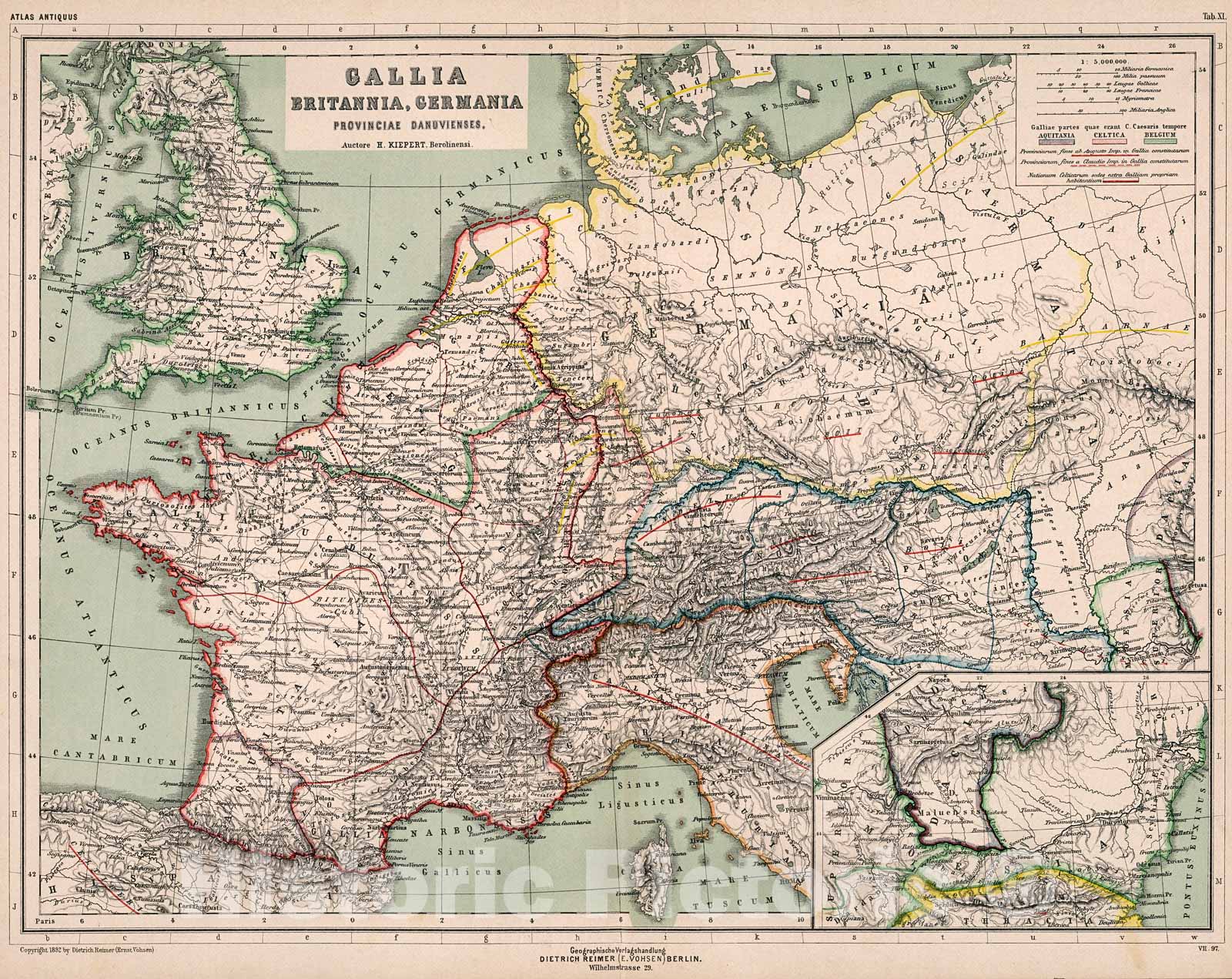 Historic Map : Tab. XI.Gallia, Britannia, Germania, 1892, Vintage Wall Decor