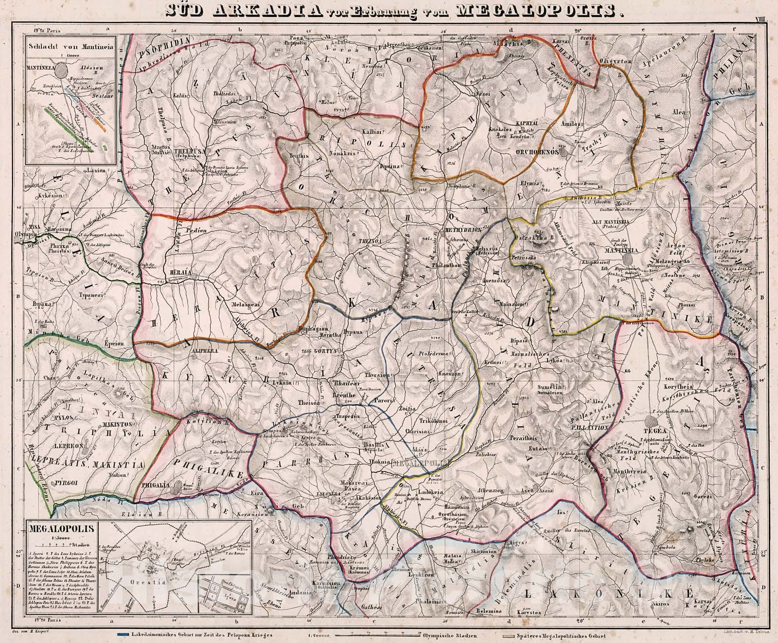 Historic Map : Sud-Arkadia vor Erbauung von Megalopolis, 1846, Vintage Wall Decor