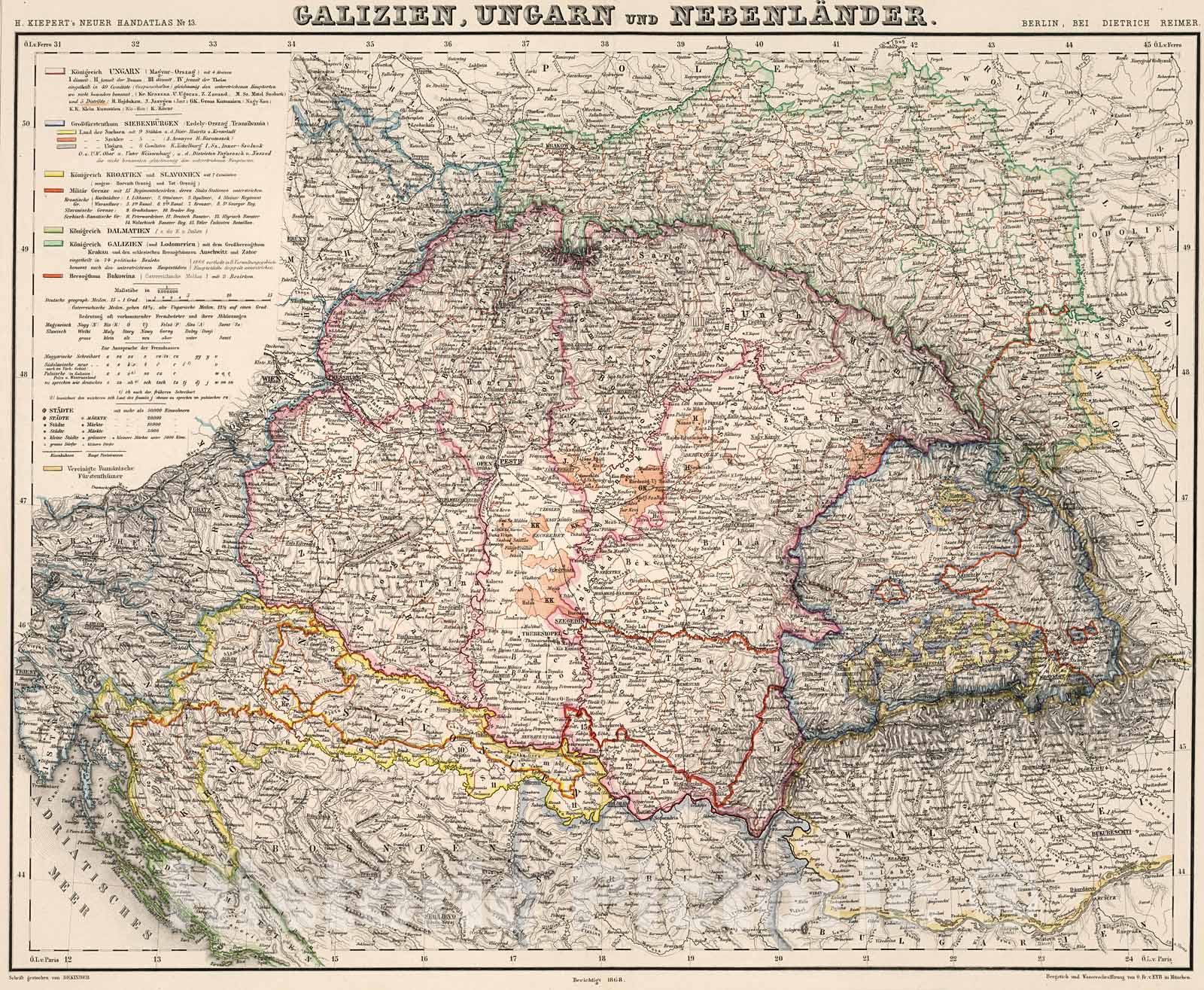 Historic Map : Galizien, Ungarn und Nebenlander, 1871, Vintage Wall Decor