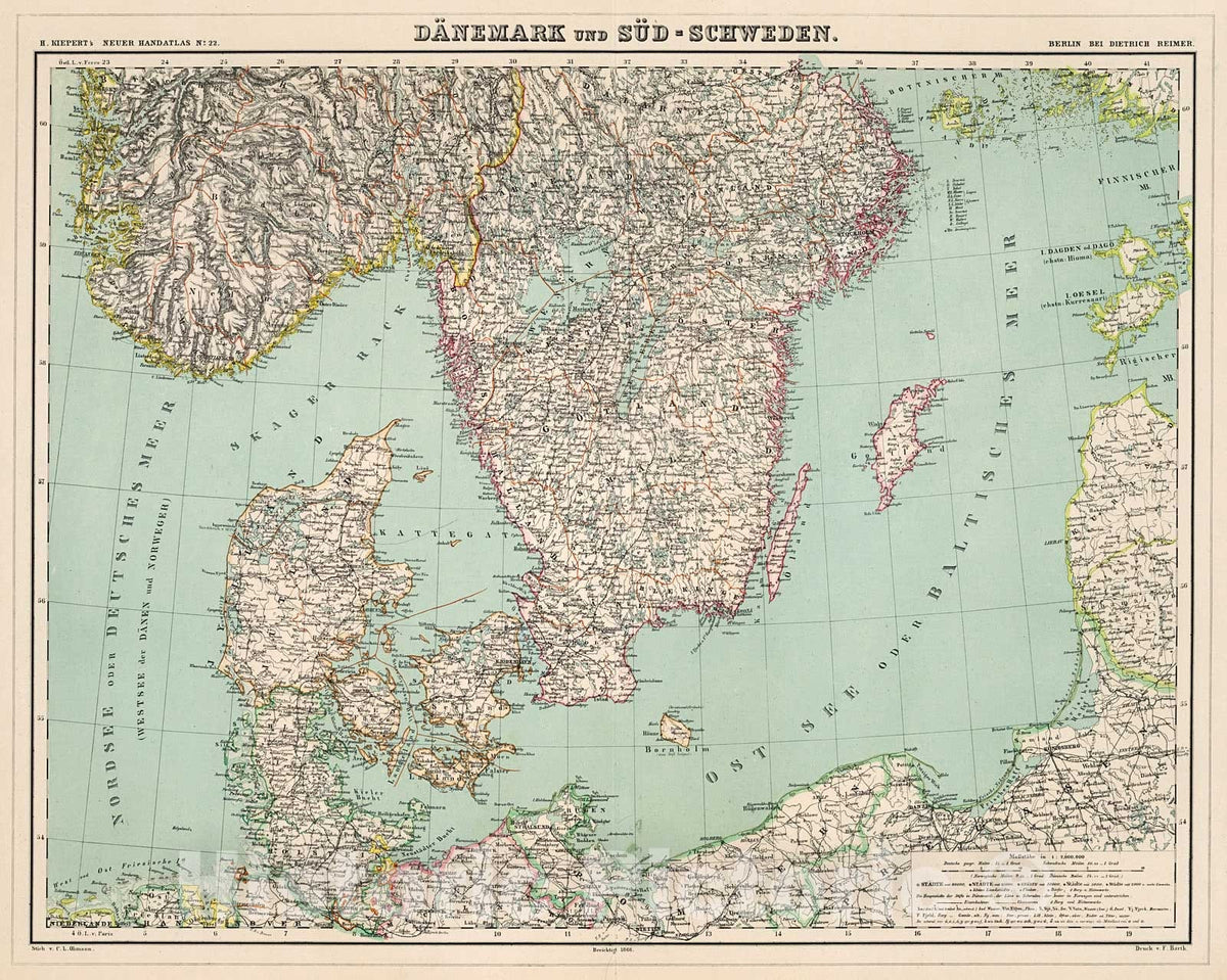 Historic Map : Danemark und Sud-Schweden, 1871, Vintage Wall Decor