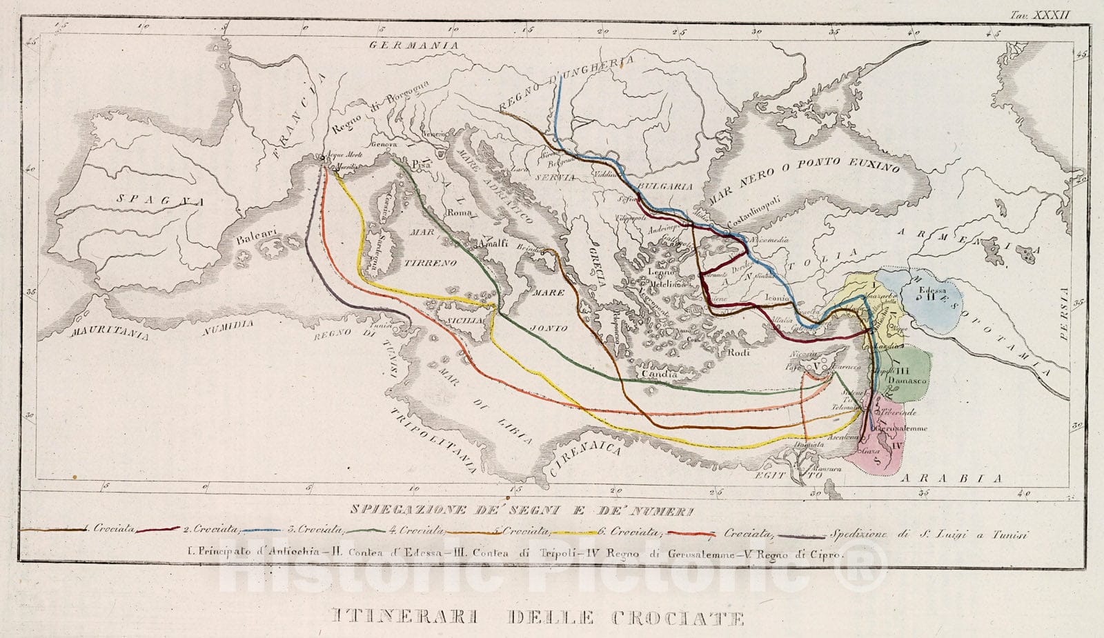 Historic Map : Itinerari delle crociate, 1842, Vintage Wall Decor