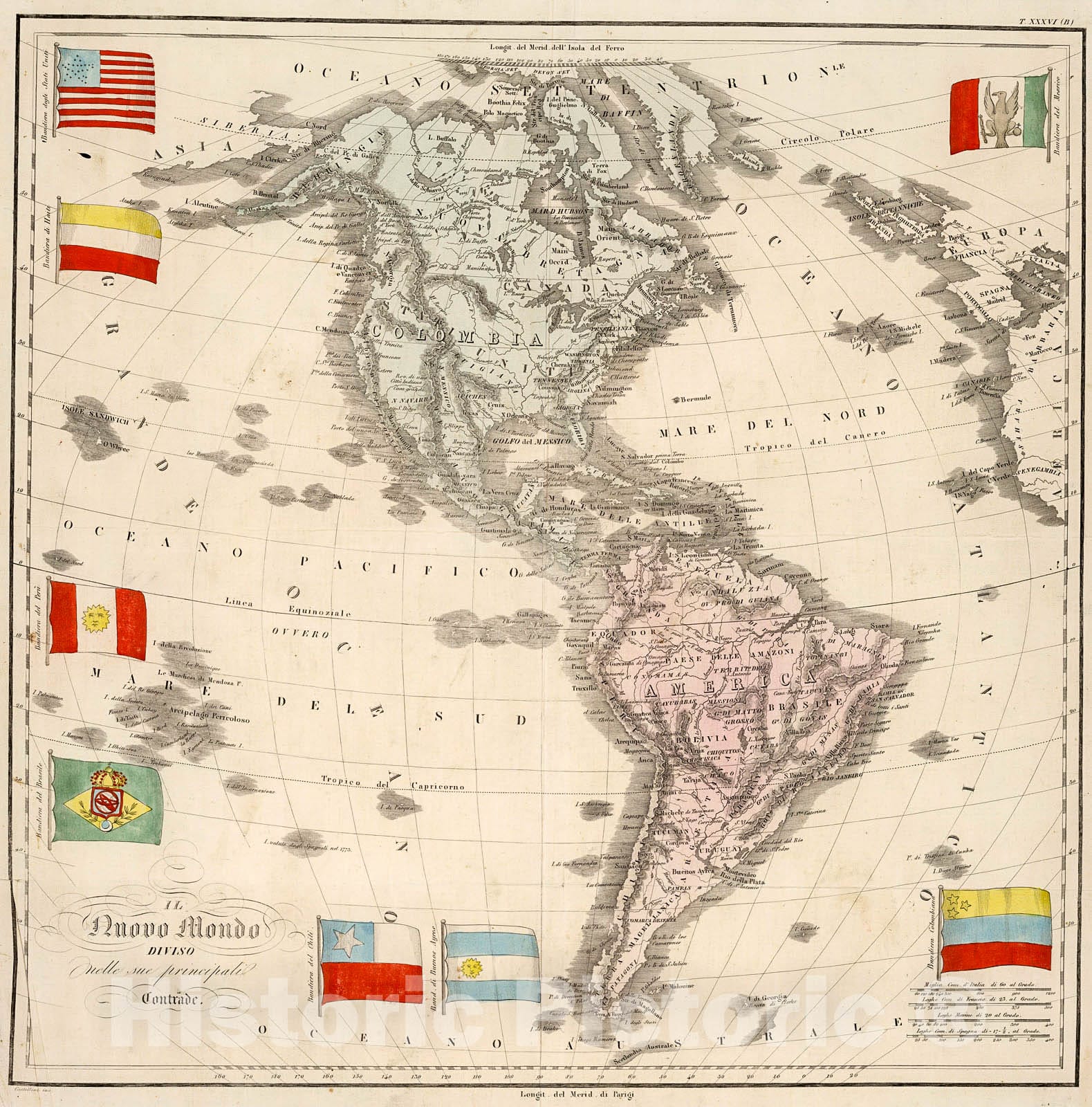 Historic Map : Il Nuovo Mondo : Diviso nelle sue principali contrade, 1842, Vintage Wall Decor