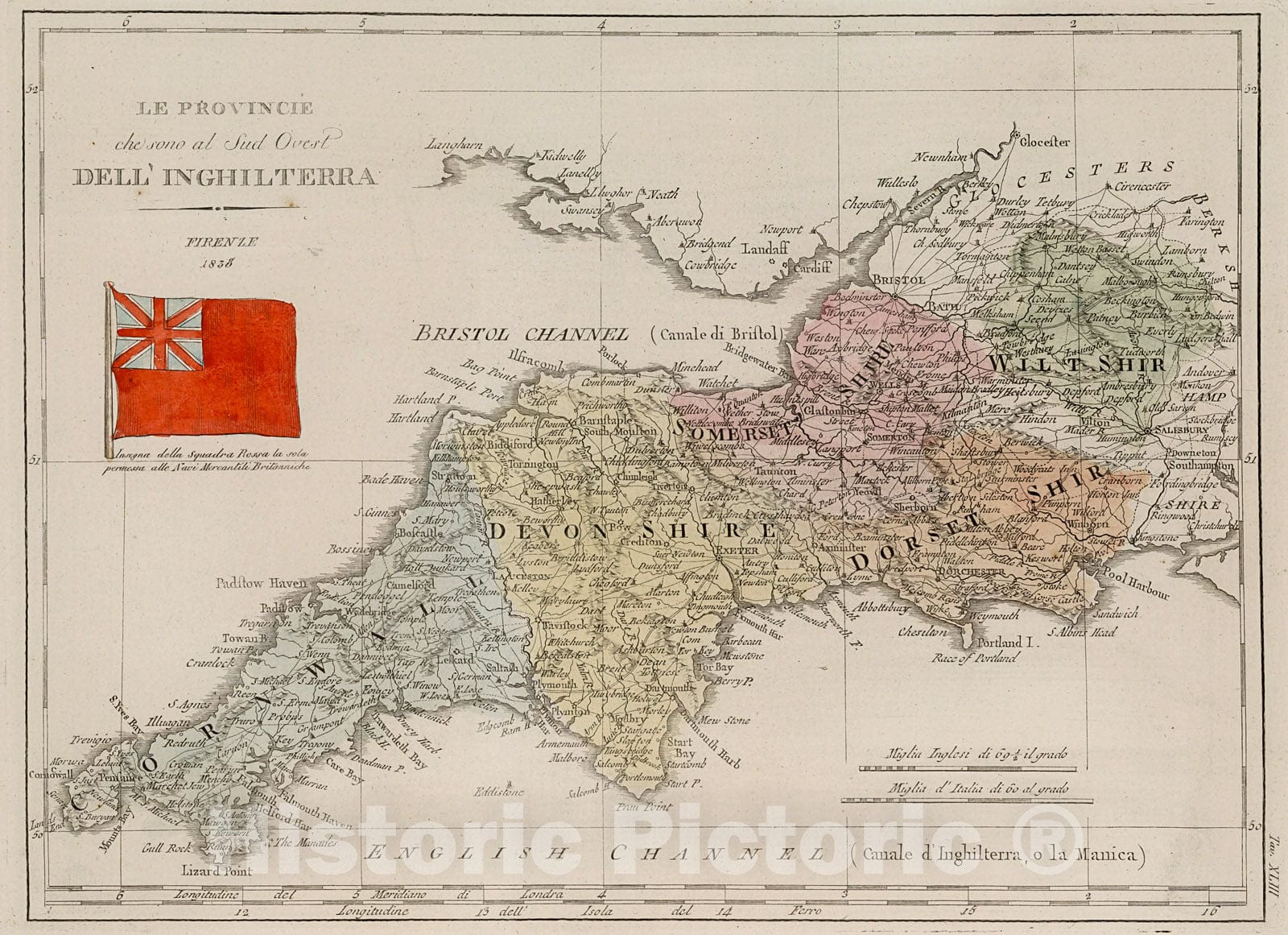 Historic Map : Le Provincie che sono al Sud Ovest Dell Inghilterra, 1842, Vintage Wall Decor