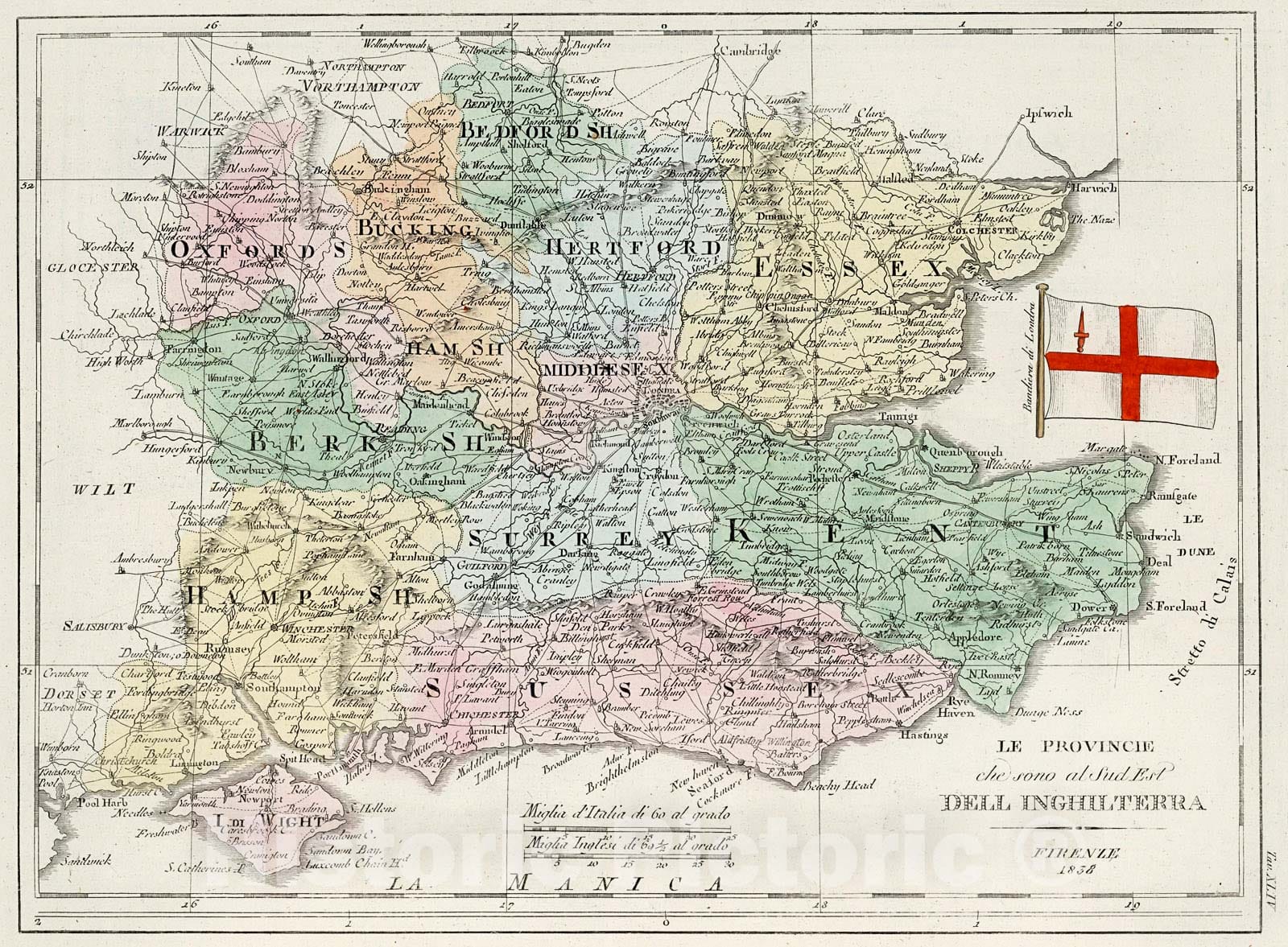 Historic Map : Le Provincie che sono al Sud Est Dell Inghilterra, 1842, Vintage Wall Decor