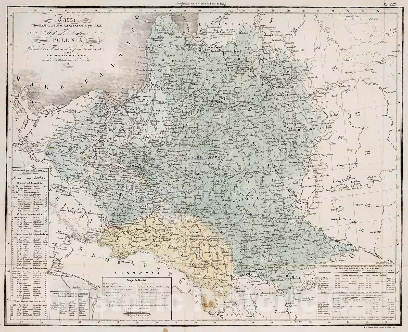 Historic Map : Carta Geografica Storica, Statistica, Postale degli Stati dell'Antica Polonia, 1842, Vintage Wall Decor