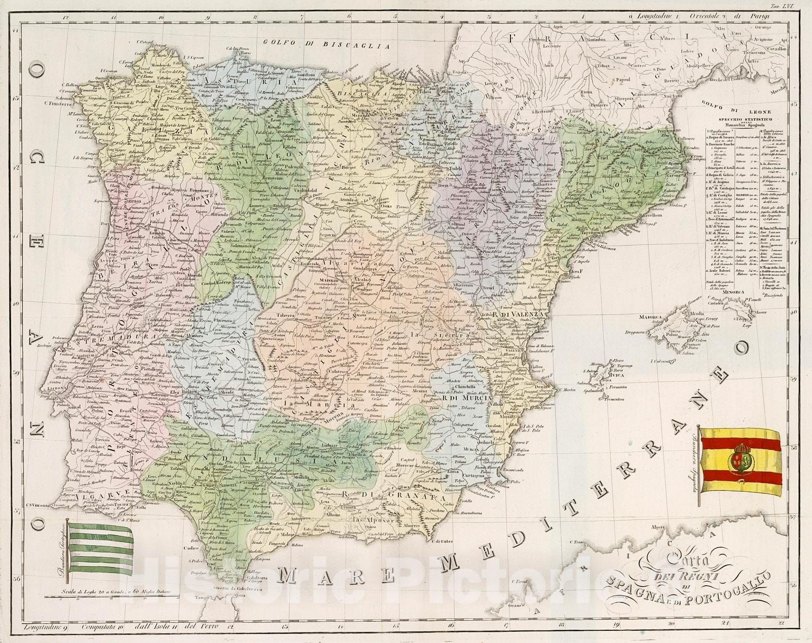 Historic Map : Carta dei regni di Spagna e di Portogallo, 1842, Vintage Wall Decor