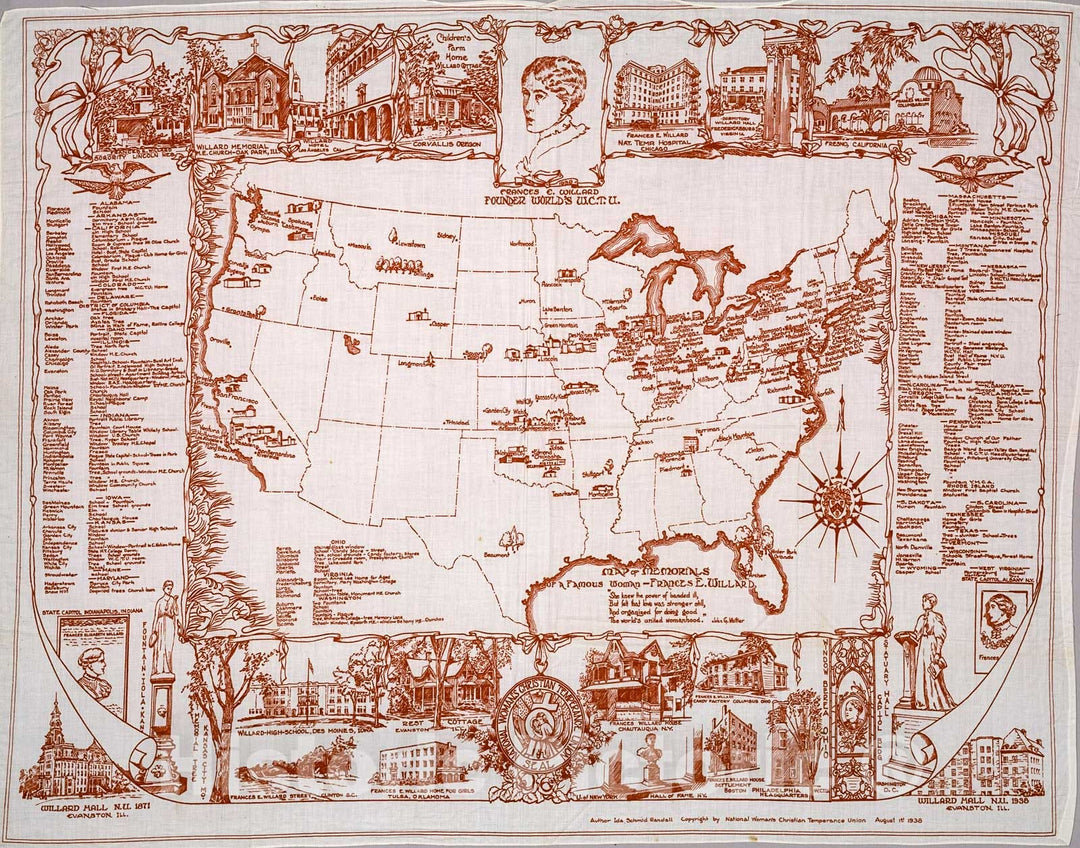 Historic Map : Map of memorials of a famous woman Frances E. Willard, 1938, Vintage Wall Decor