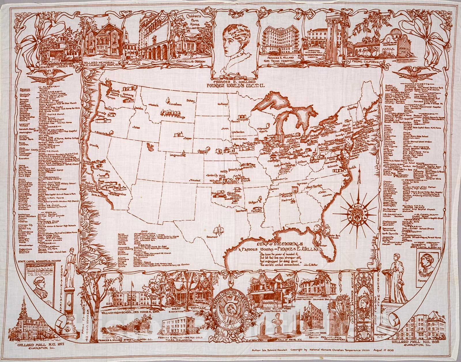 Historic Map : Map of memorials of a famous woman Frances E. Willard, 1938, Vintage Wall Decor