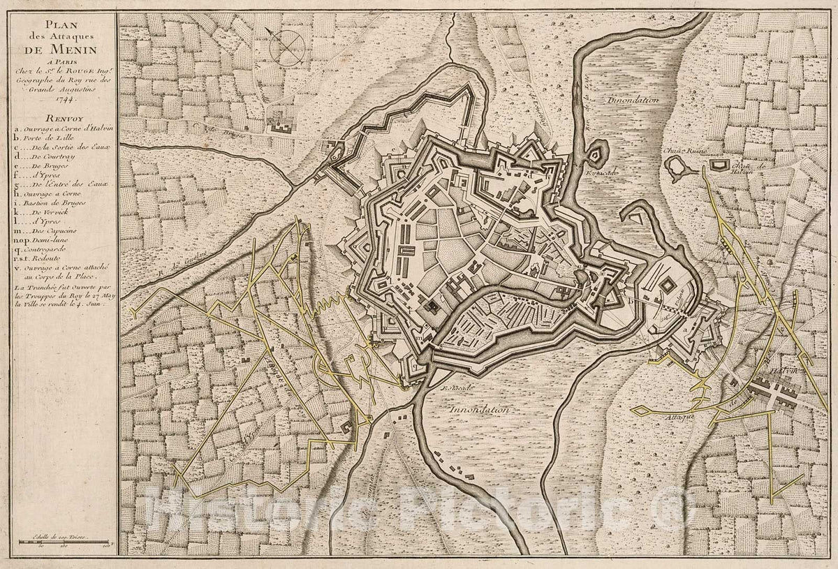 Historic Map : Plan des attaque de Menin, 1742, Vintage Wall Decor