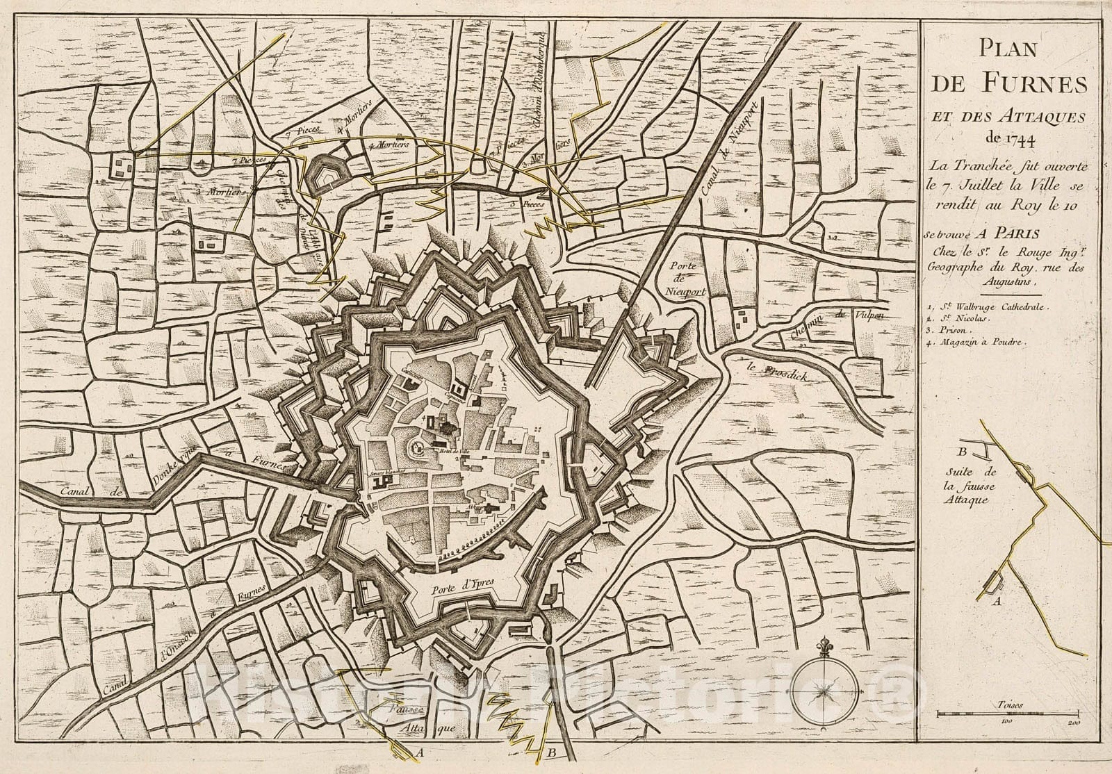 Historic Map : Plan de Furnes et des attques de 1744, 1742, Vintage Wall Decor
