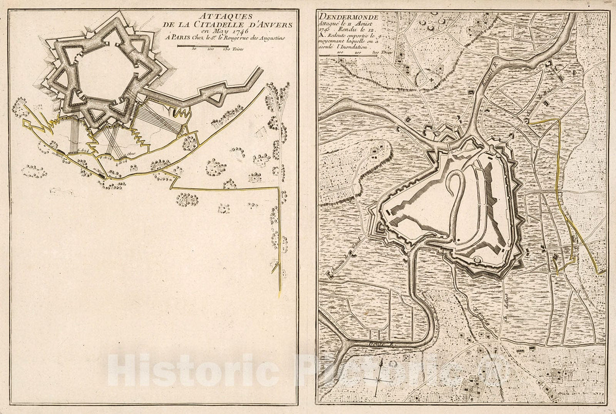 Historic Map : Attaques de la Citadelle d'Anvers en May 1746. Dendermonde : Attaque eleven Aoust 1745, 1742, Vintage Wall Decor
