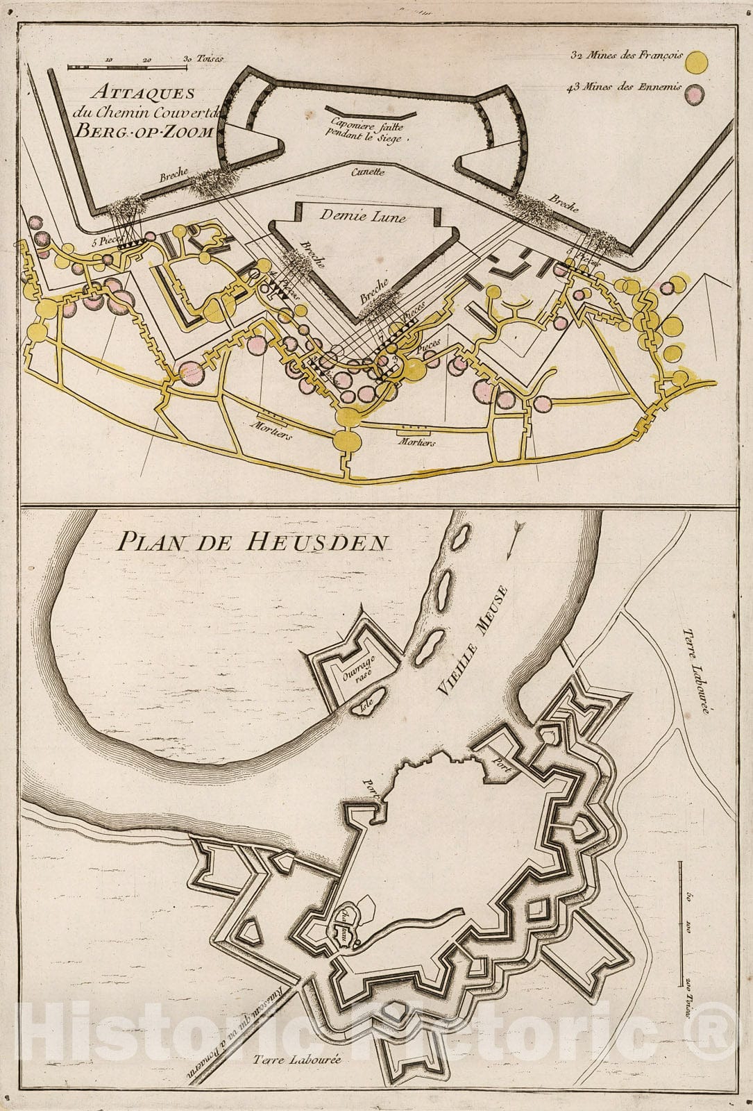 Historic Map : Attaques du Chemin Couvert de Berg-op-zoom. Plan de Heusden, 1742, Vintage Wall Decor