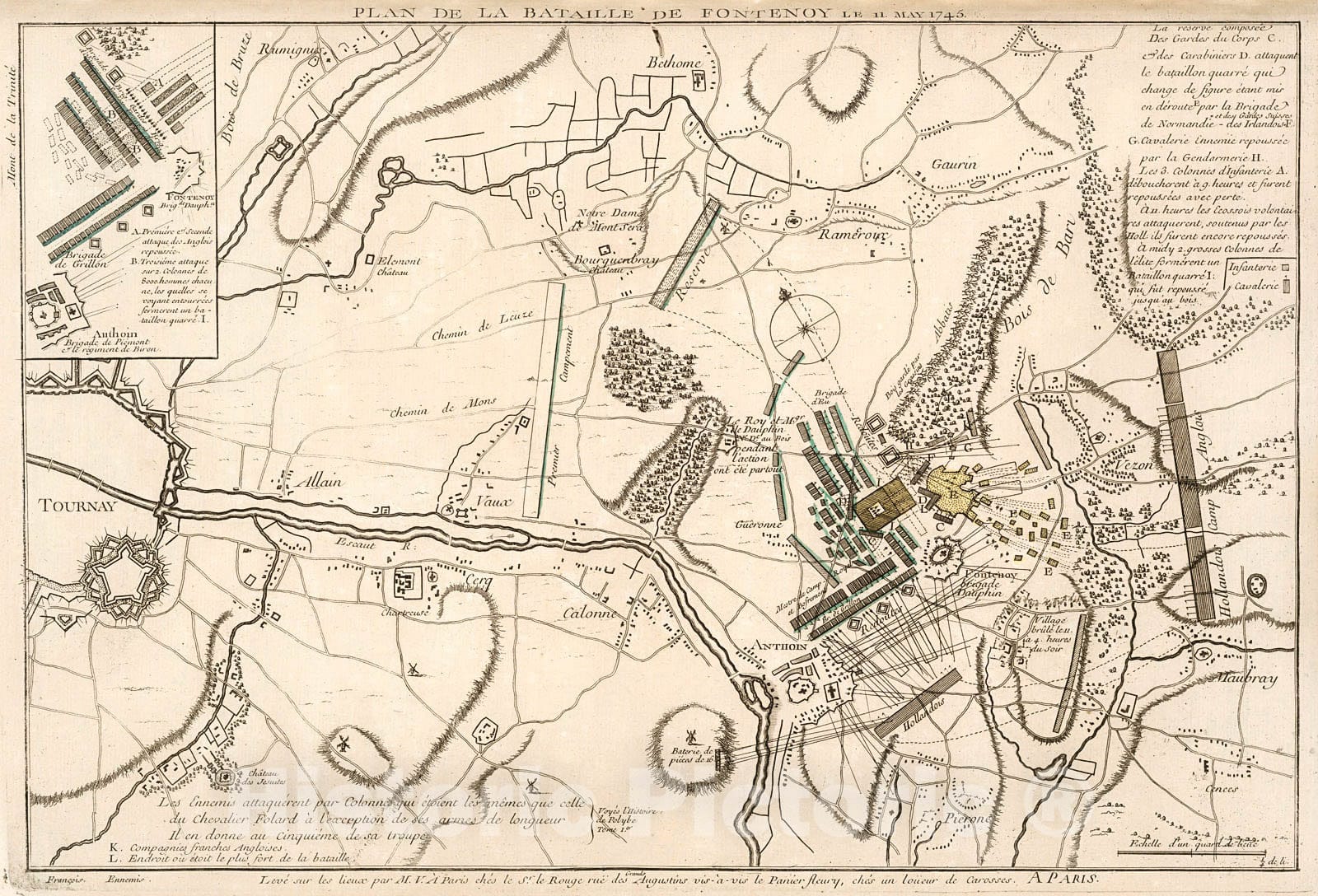 Historic Map : Plan de la Bataille de Fontenoy le eleven May 1745, 1742, Vintage Wall Decor