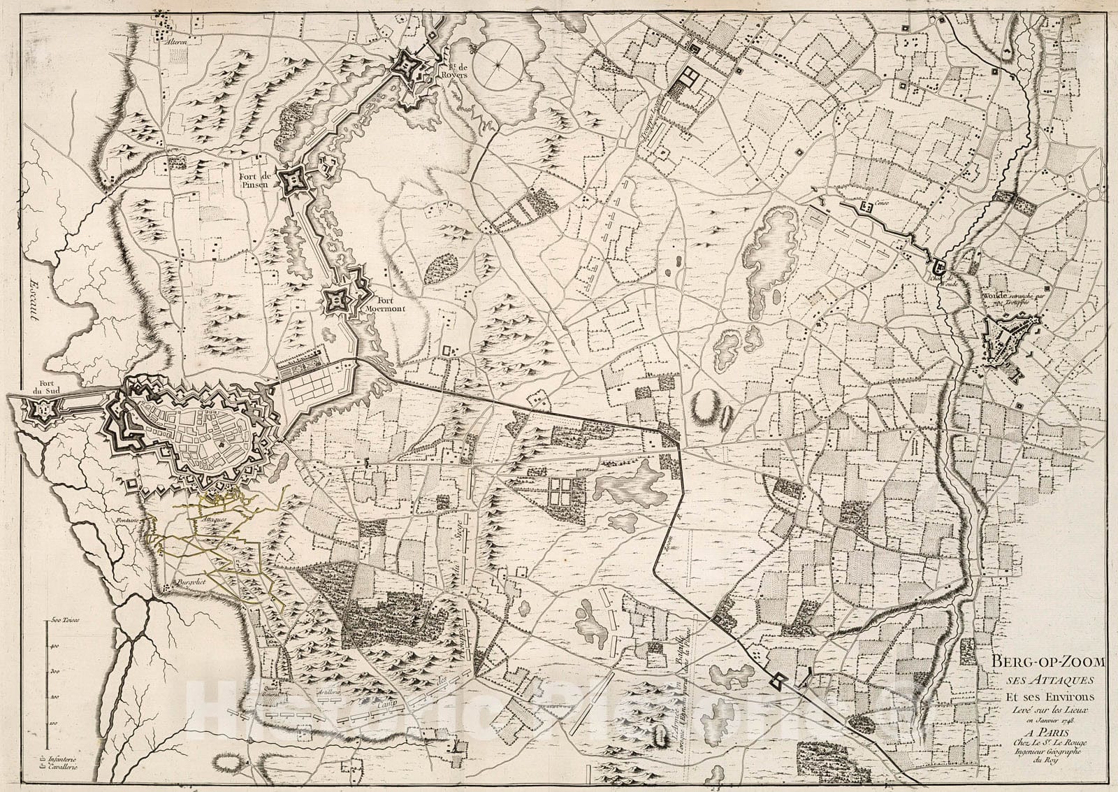 Historic Map : Berg-op-Zoom ses attaques et ses environs leve sur les lieux en Janvier 1748, 1742, Vintage Wall Decor