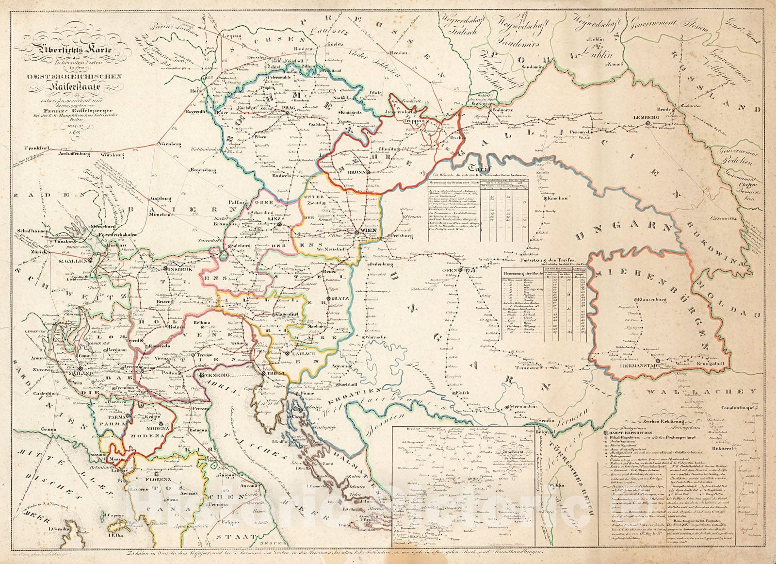 Historic Map : Ubersichts Karte der fahrenden Posten in dem Oesterreichischen Kaiserstaate, 1826, Vintage Wall Decor