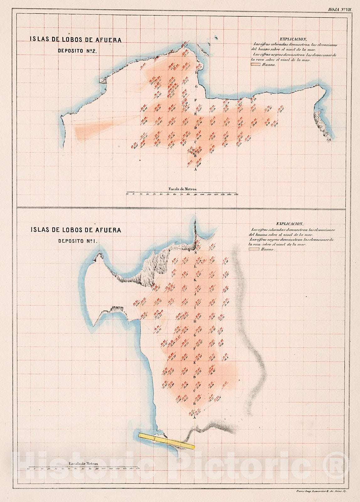 Historic Map : Hoja No.VII. Isla de Lobos de Afuera : deposito No. one No.2, one865, Vintage Wall Decor
