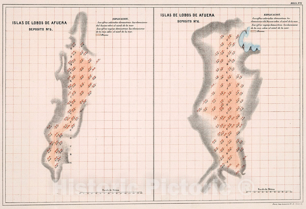Historic Map : Hoja No.X. Isla de Lobos de Afuera : deposito No. 5. deposito No. 6, 1865, Vintage Wall Decor
