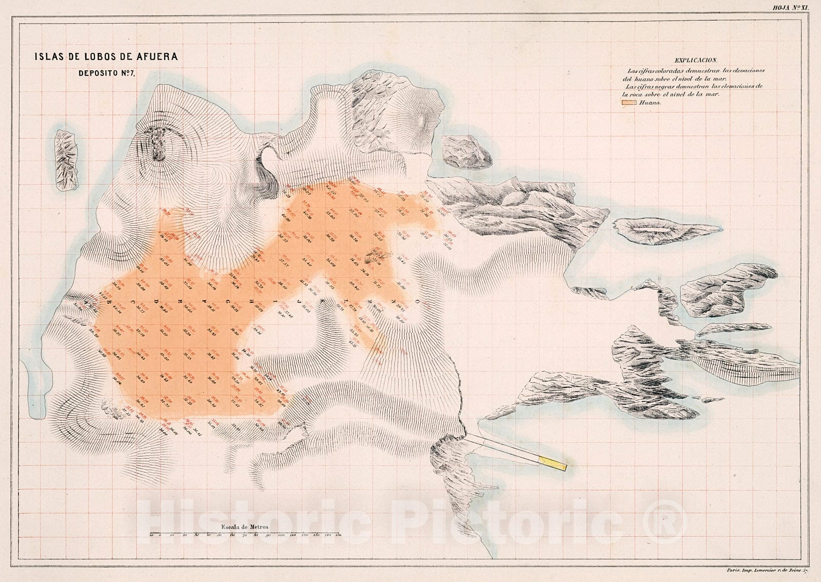 Historic Map : Hoja No.XI. Isla de Lobos de Afuera : deposito No. 7, 1865, Vintage Wall Decor