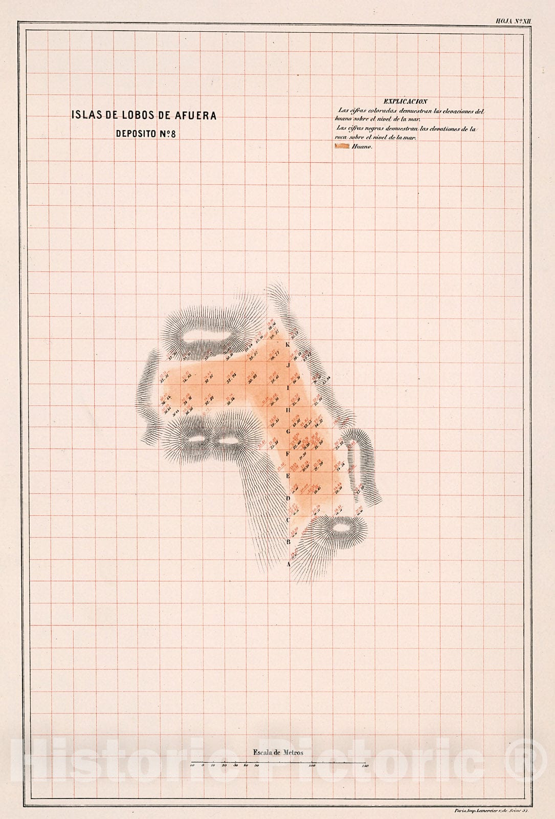 Historic Map : Hoja No.XII. Isla de Lobos de Afuera : deposito No. 8, 1865, Vintage Wall Decor