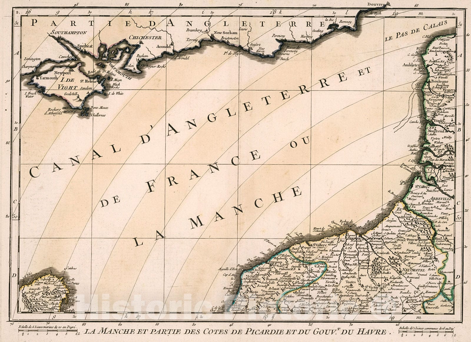 Historic Map : La Manche et partie des cotes de Picardie et du Gouvt. du Havre, 1754, Vintage Wall Decor