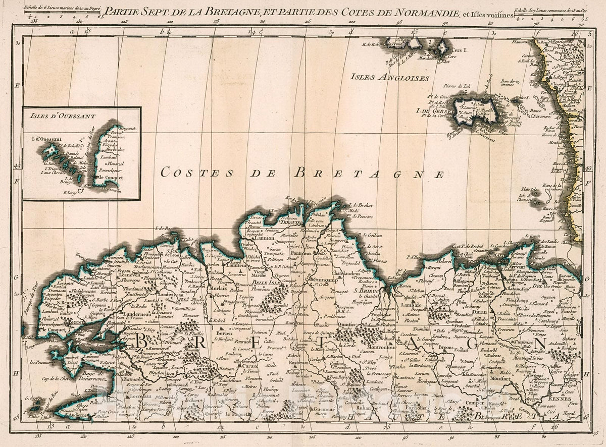Historic Map : Partie sept. de la Bretagne, et partie des cotes de Normandie, et Isles voisines, 1754, Vintage Wall Decor