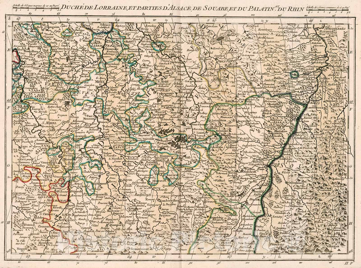 Historic Map : Duche de Lorraine, et parties d'Alsace de Souabe et du Palatinat. du Rhin, 1754, Vintage Wall Decor