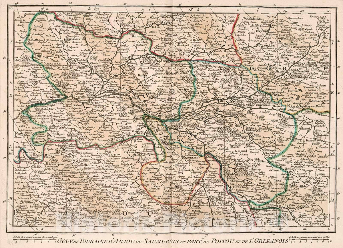 Historic Map : Gouv. de Touraine d'Anjou du Saumurois et parte du Poitou et de l'Orleanois, 1754, Vintage Wall Decor