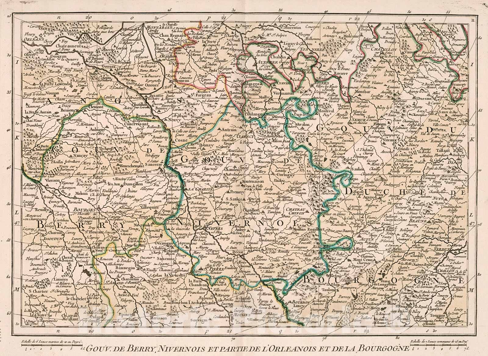 Historic Map : Gouv. de Berry, Nivernois et partie de l'Orleanois et de la Bourgogne, 1754, Vintage Wall Decor