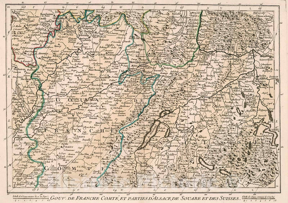 Historic Map : Gouv. de Franche Comte et parties d'Alsace de Souabe et des Suisses, 1754, Vintage Wall Decor
