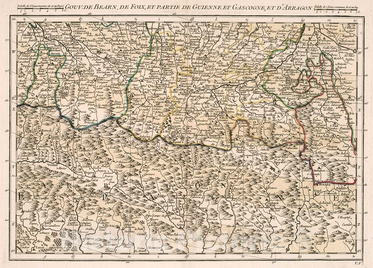 Historic Map : Gouv. de Bearn, de Foix, et partie de Guienne et Gascogne, et d'Arragon, 1754, Vintage Wall Decor