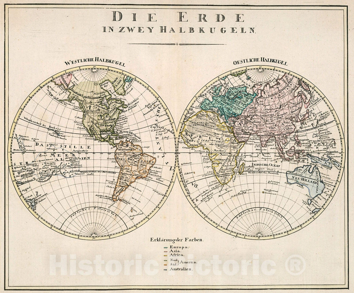 Historic Map : Die Erde in zwey halbkugeln, 1809, Vintage Wall Decor