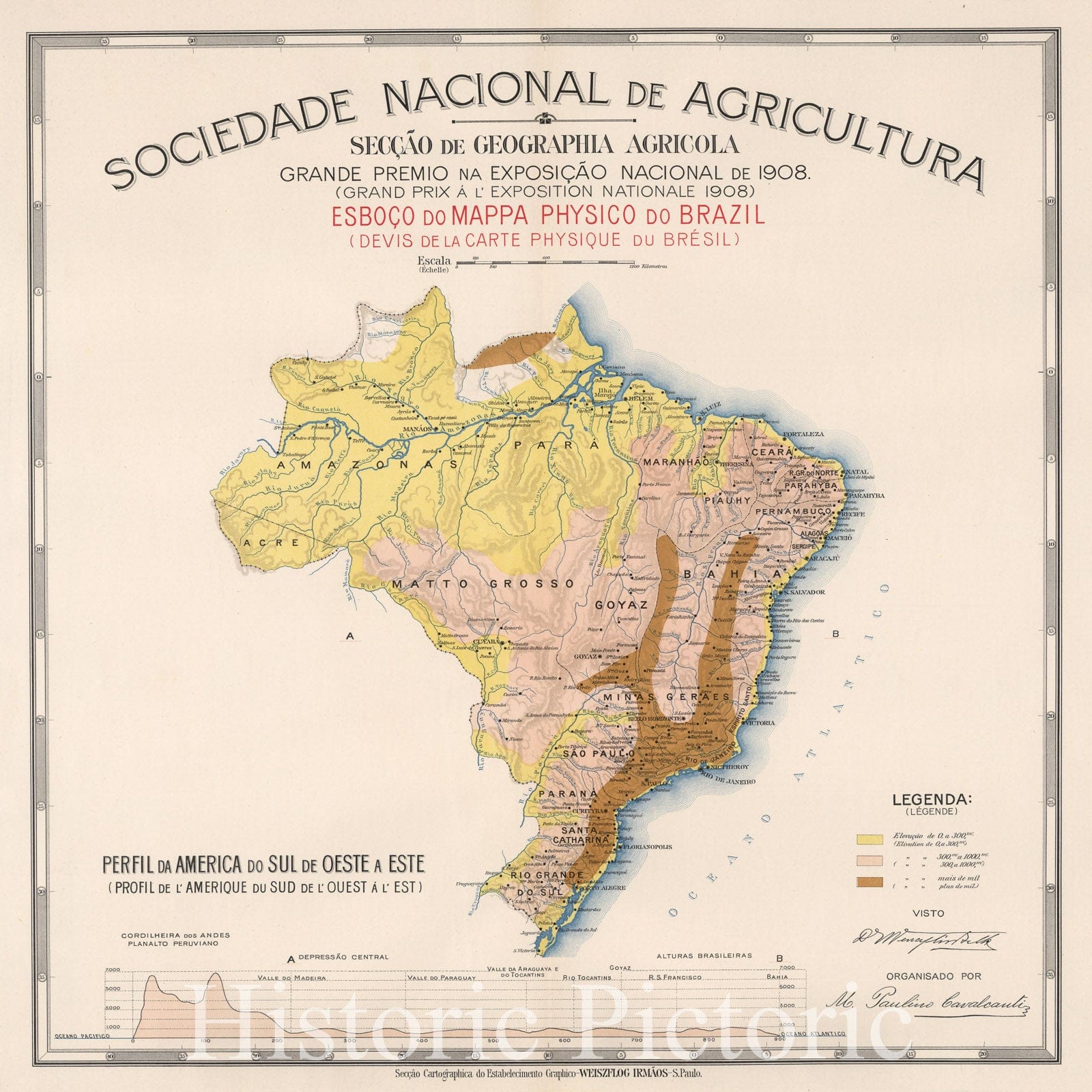 Historic Map : sboco do mappa physico do Brazil (Devis dela carte physique du Brasil), 1908, Vintage Wall Decor