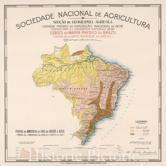 Historic Map : sboco do mappa physico do Brazil (Devis dela carte physique du Brasil), 1908, Vintage Wall Decor