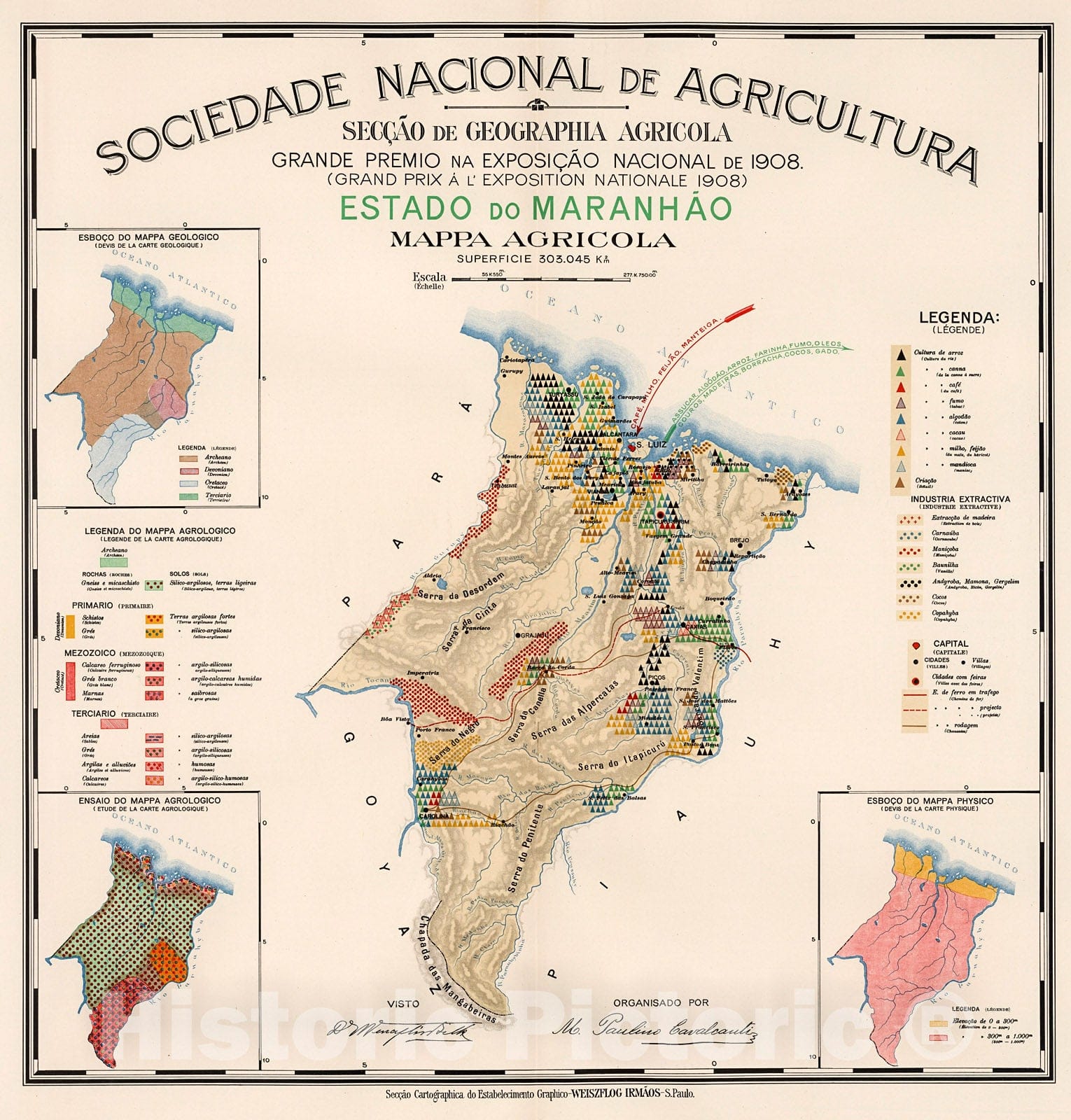 Historic Map : Estado do Maranhao : Mappa agricola, 1908, Vintage Wall Decor