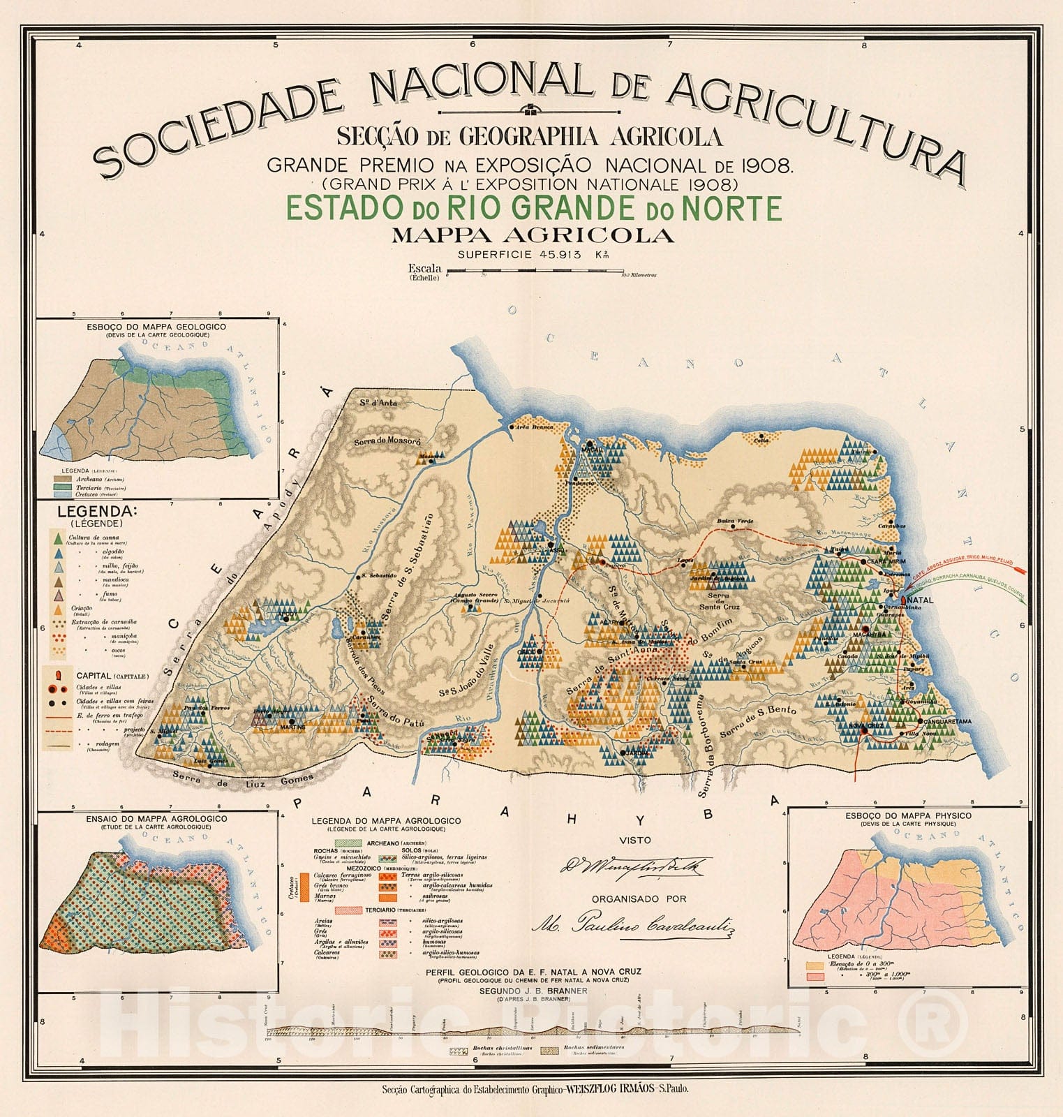 Historic Map : Estado do Rio Grande do Norte : Mappa agricola, 1908, Vintage Wall Decor