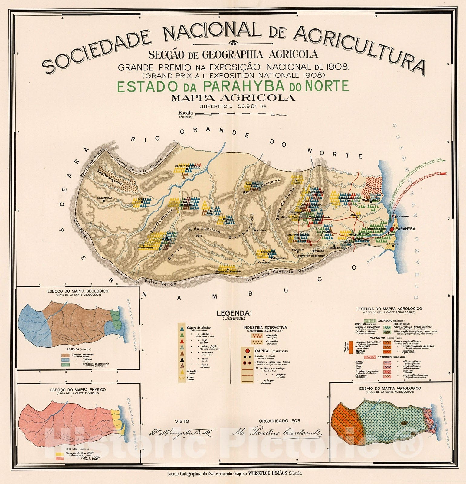 Historic Map : Estado da Parahyba do Norte : Mappa agricola, 1908, Vintage Wall Decor