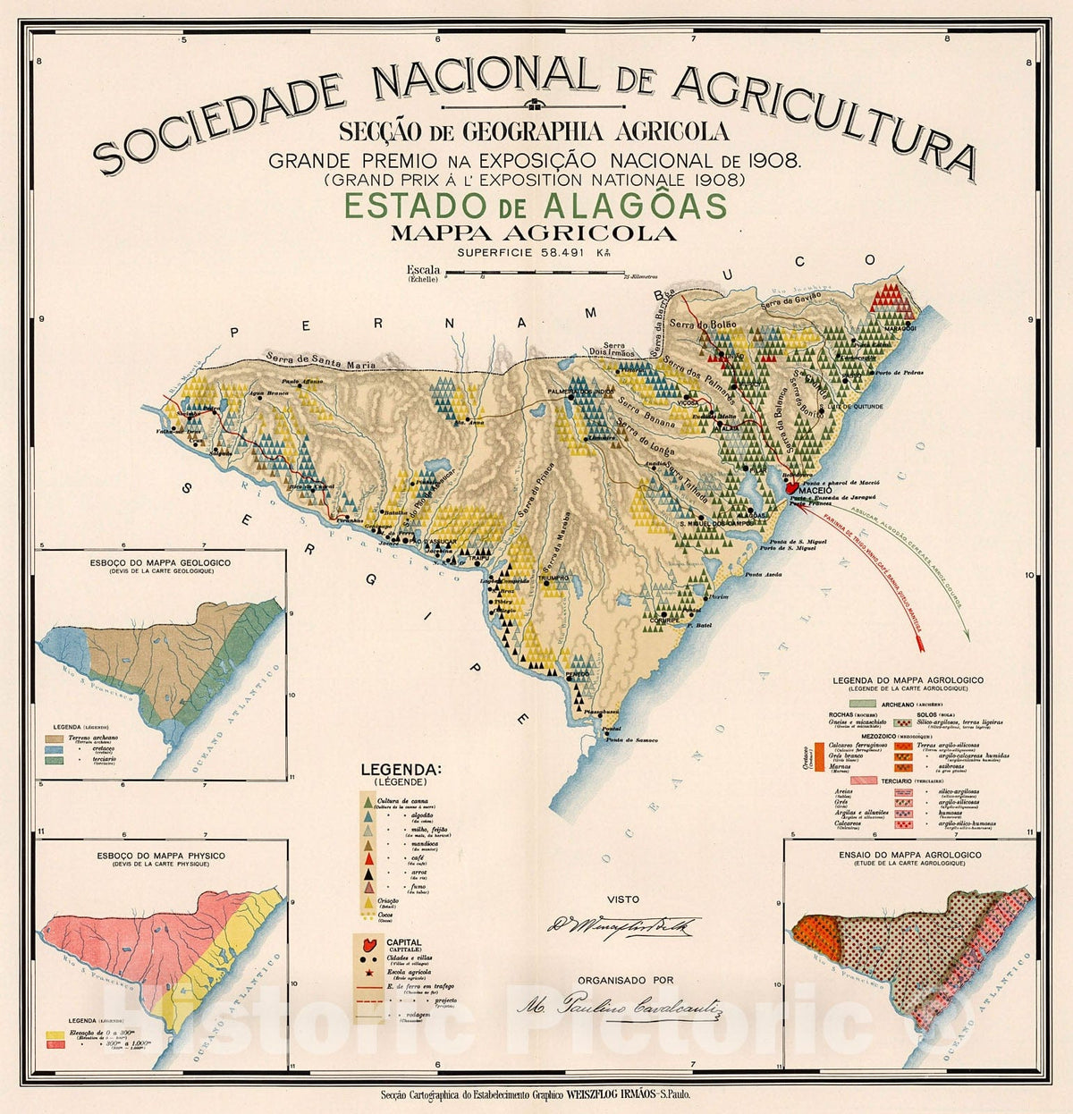 Historic Map : Estado de Alagoas : Mappa agricola, 1908, Vintage Wall Decor
