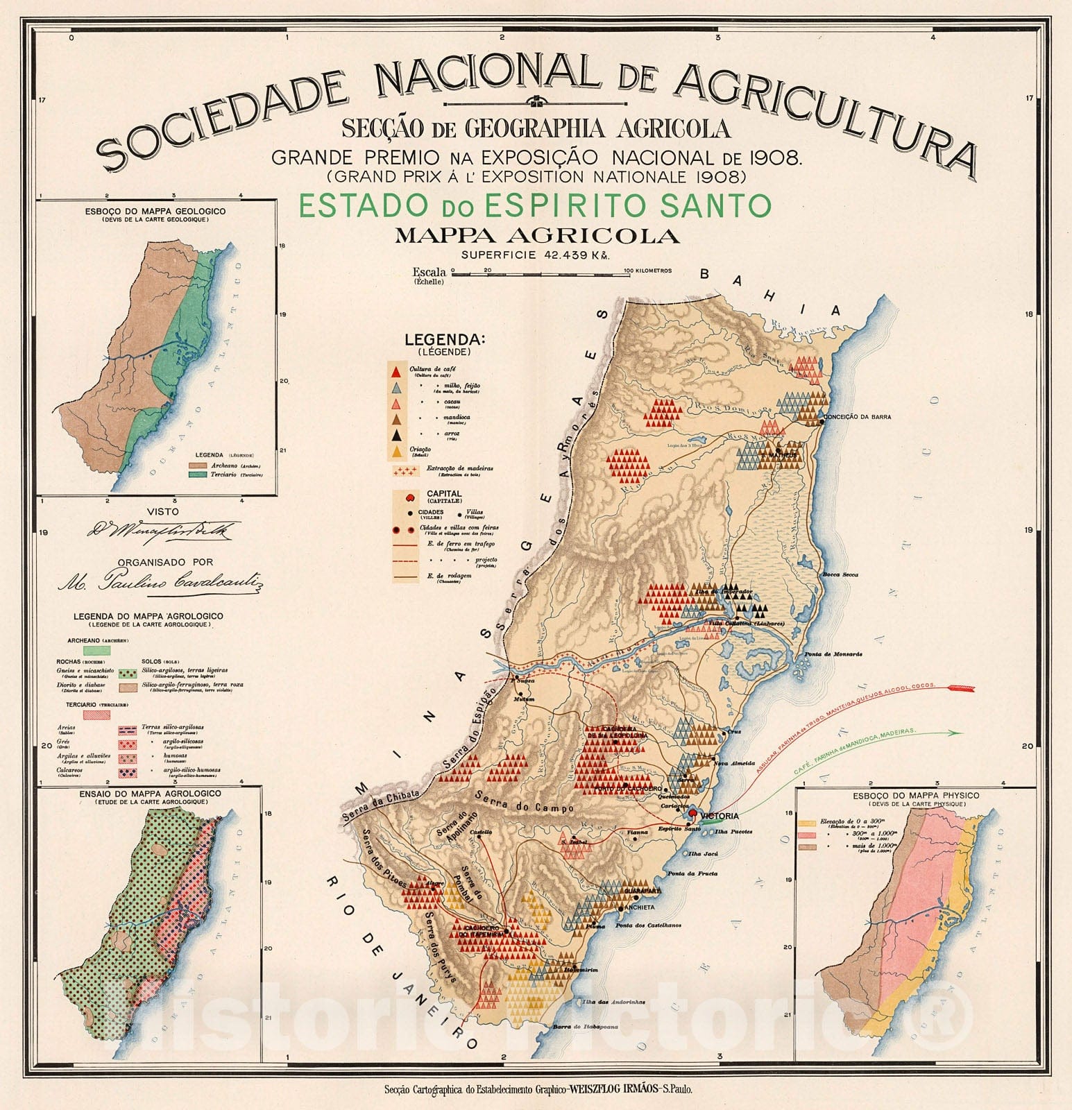 Historic Map : Estado do Espirito Santo : Mappa agricola, 1908, Vintage Wall Decor