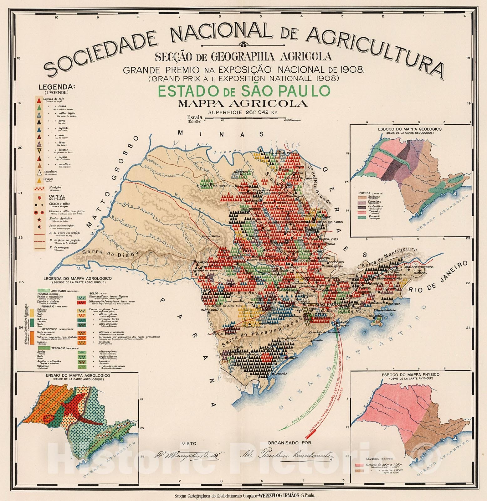 Historic Map : Estado de Sao Paulo : Mappa agricola, 1908, Vintage Wall Decor