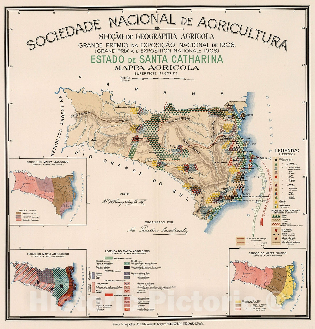 Historic Map : Estado de Santa Catharina : Mappa agricola, 1908, Vintage Wall Decor