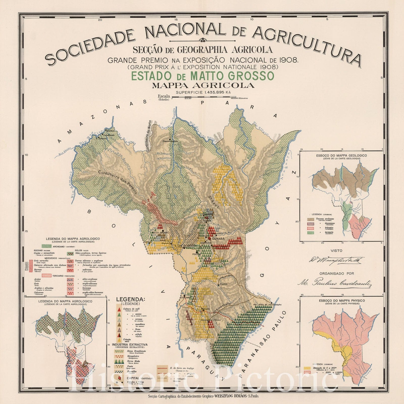 Historic Map : Estado de Matto Grosso : Mappa agricola, 1908, Vintage Wall Decor