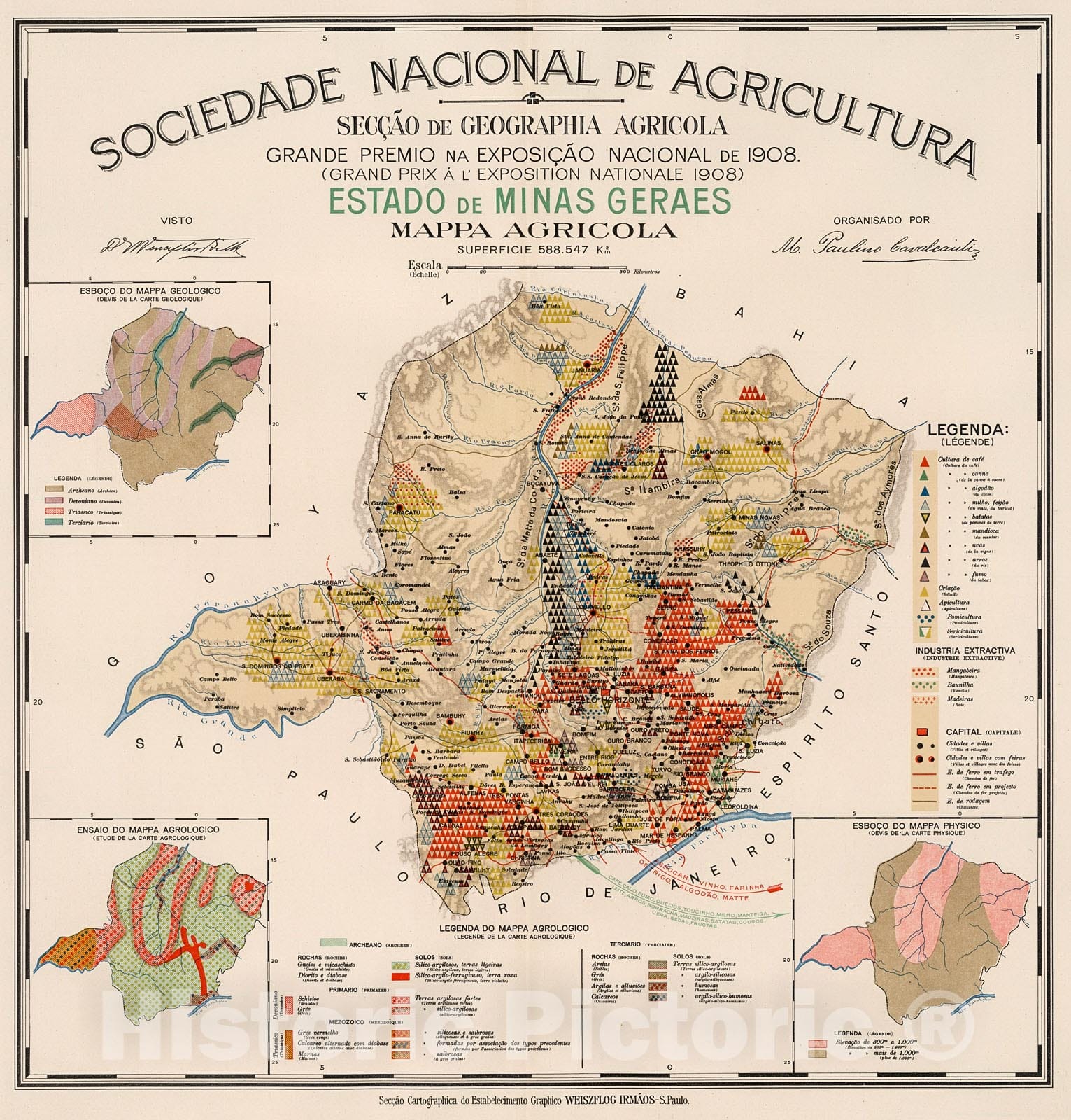 Historic Map : Estado de Minas Geraes : Mappa agricola, 1908, Vintage Wall Decor