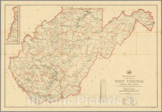 Historic Map : Post route map of the state of West Virginia, 1925, Vintage Wall Decor