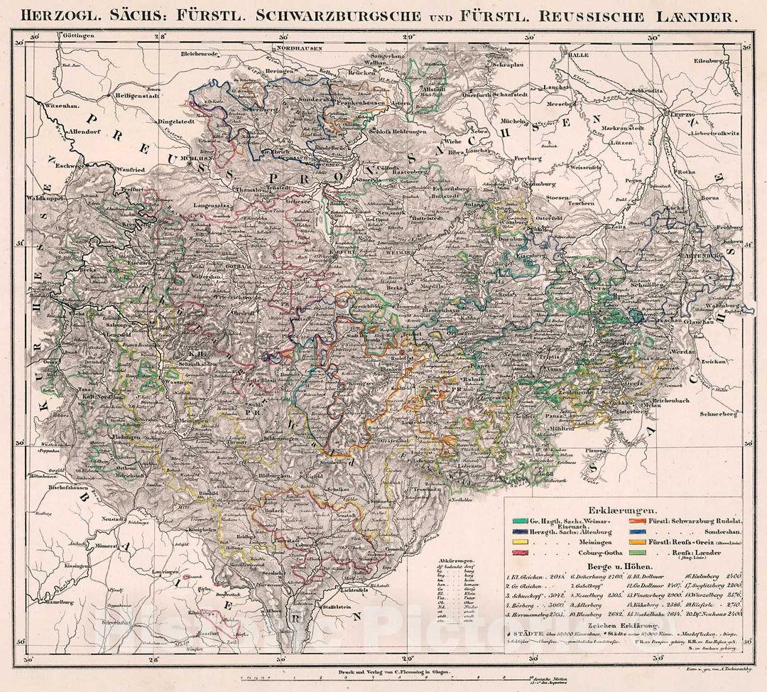 Historic Map : Herzogl. Saechs: Fuerstl. Schwarzburgsche und Fuerstl. Reussusche Laender., 1846, Vintage Wall Decor