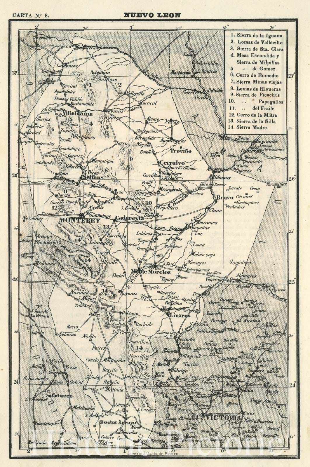 Historic Map : Text and Map: IV. Nuevo-Leon. Carta No. 8., 1874, Vintage Wall Decor